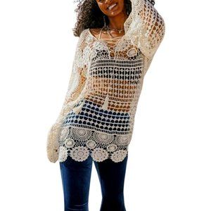 Black or White Lace-Up Crochet Tunic Festival Boho Beach Coverup Women One Size